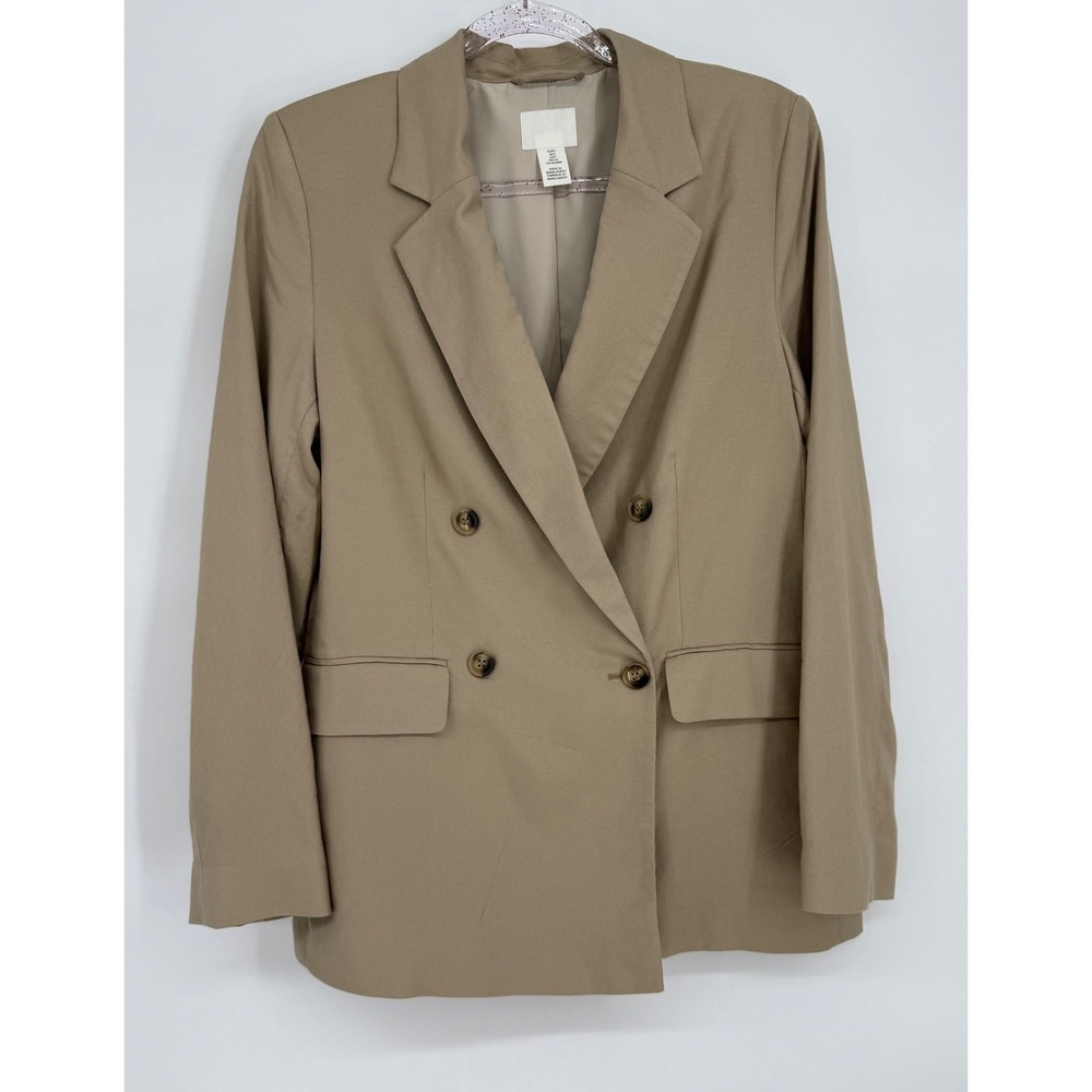H&M Womens Khaki Tan Double Breasted Viscose Linen Blend Blazer Jacket Sz S